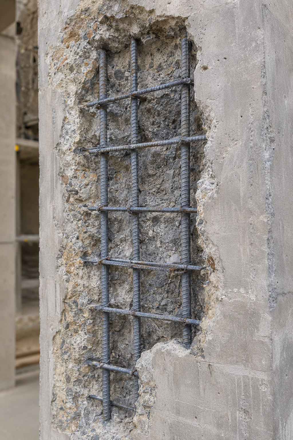 Illustrative concrete restoration with exposed reinforcing steel